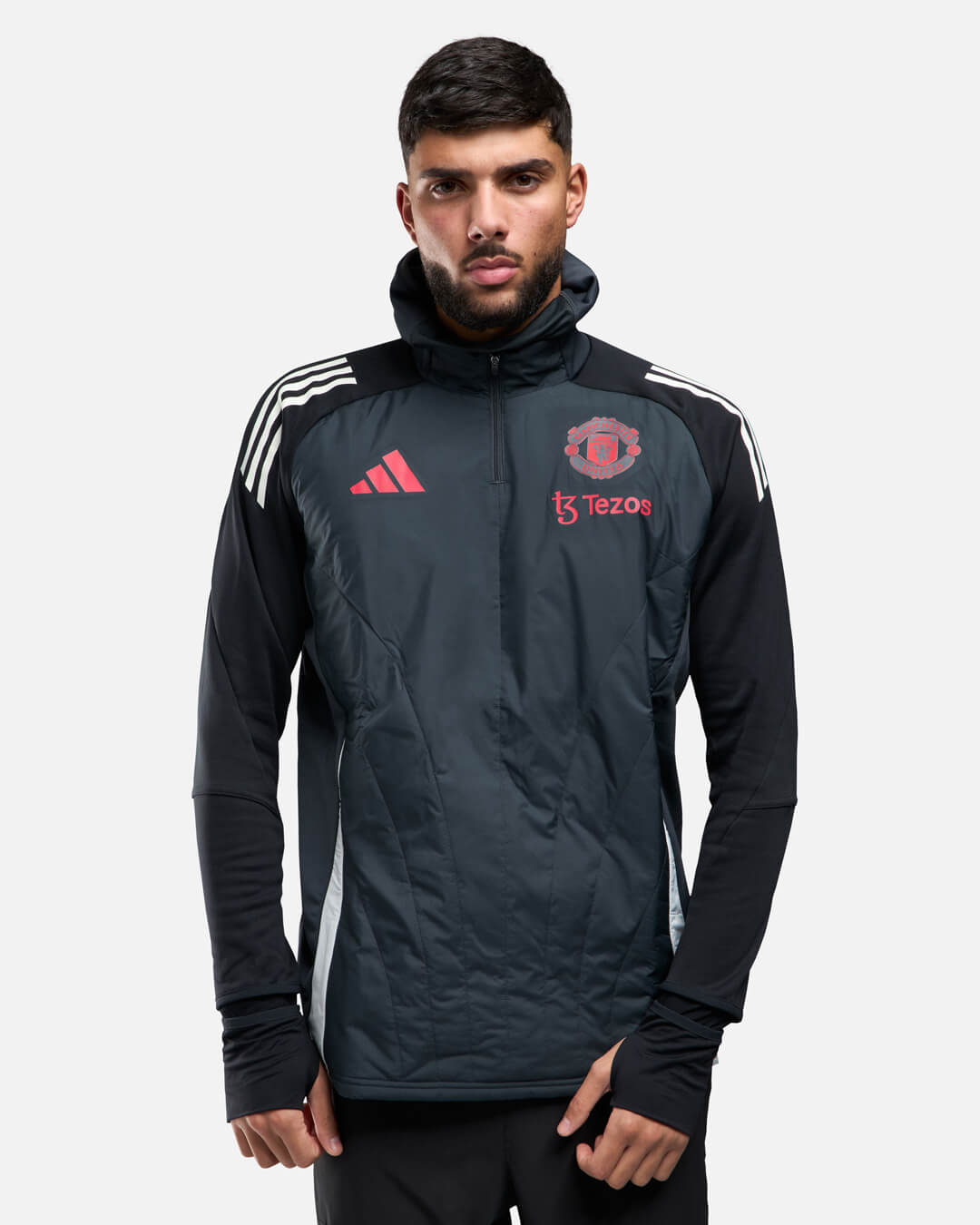 Camiseta Manchester United con cremallera 1/4 y pasamontañas integrado 2024/2025 - Negro/Rojo