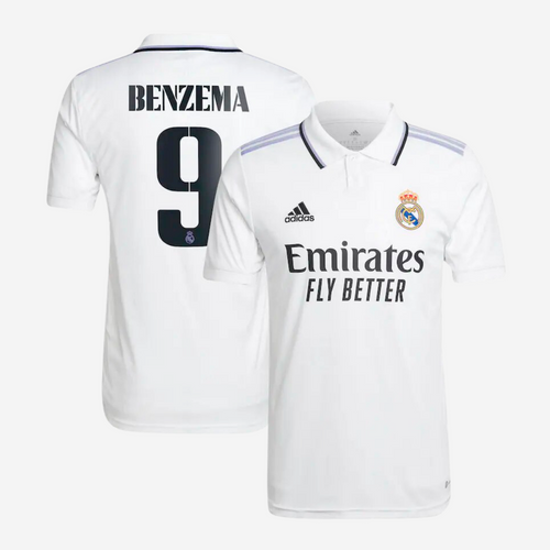 Camiseta primera equipación Real Madrid 2022/2023 - Blanco/Negro/Morado - Benzema - Footkorner