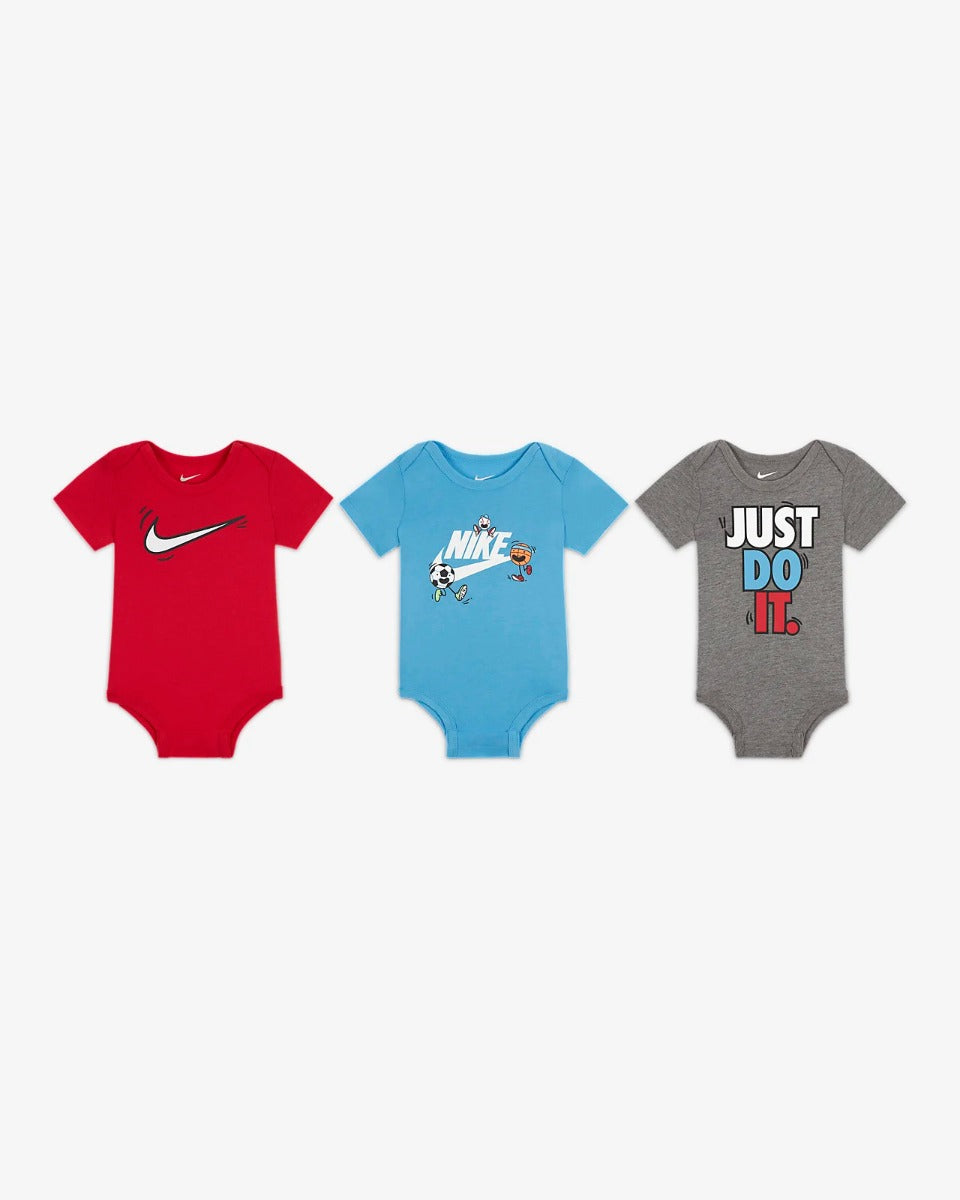 Footkorner3er-Pack Baby-Bodys von Nike Sportswear Nikemoji – Grau/Rot/Blau