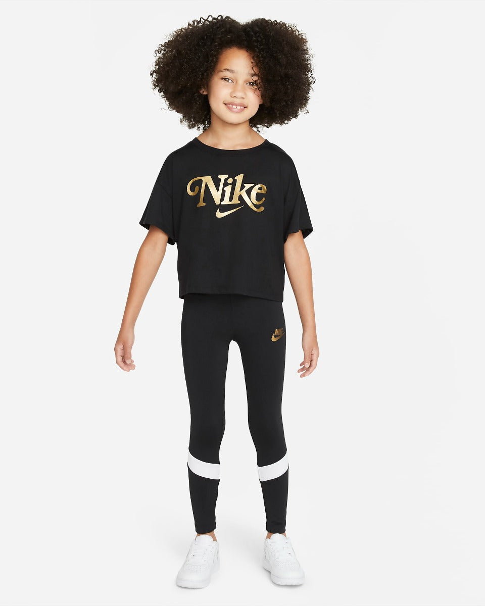 FootkornerNike Sportswear Go for Gold Kinder-Leggings für Mädchen – Schwarz/Weiß/Gold